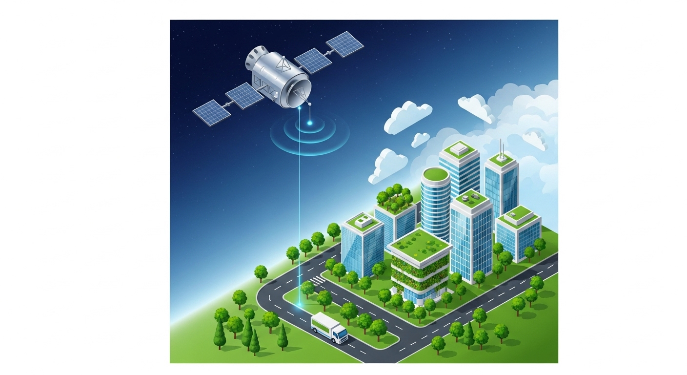 Спутник передает сигнал в зеленый город
