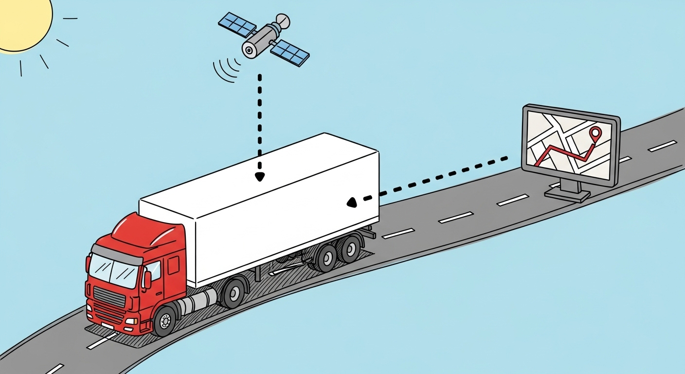 Компоненты системы мониторинга: спутник, грузовик, компьютер